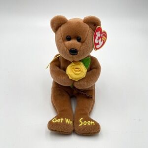 TY Beanie Baby Bandage Bear Get Well Soon Plush w/ Yellow Rose 2004 8"‎ Flaw